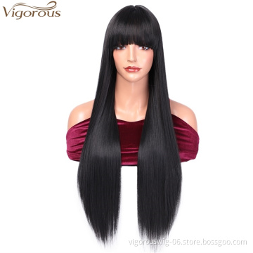 Vigorous Lace Front Good Quality Long Silky Straight Wig With Bangs Synthetic 28 Inch For Black Women Heat Resistant Fiber Wigs